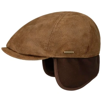Immagine di Stetson Coppola con Paraorecchie Pigskin Uomo Berretto in Pelle Cappello Piatto Fodera, Visiera Inverno Autunno/Inverno L (58 59 cm) Cognac