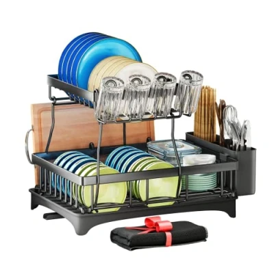 Immagine di SAYZH Scolapiatti, Scolapiatti Pieghevole a 2 Livelli In Acciaio Inox e Per Bancone Da Cucina, Grande Antiruggine (Cuscino nero)