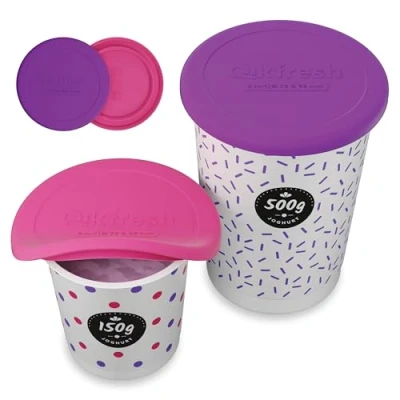 Immagine di Qikfresh Coperchi riutilizzabili in silicone Per vasetti di yogurt quasi tutti i da 150g 500g ermetici e a prova perdite (2 pezzi), viola