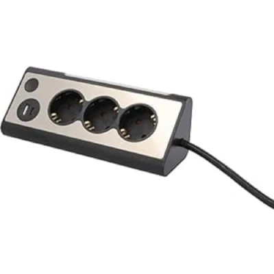 Immagine di UNITEC Presa da tavolo angolare con 3 prese, 2 porte USB, interruttore touch per il controllo del LED integrato, IP20, ideale cucina, ufficio o officina frontale in acciaio inox 3680 W