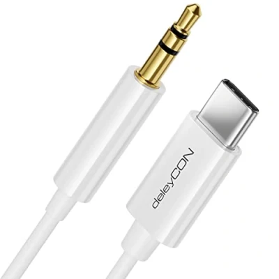 Immagine di deleyCON 1m Cavo Jack da USB C a 3,5 mm AUX Audio Compatibile con Apple Samsung Google Huawei Xiaomi Smartphone Cellulare Tablet Auto Presa per Cuffie Bianco