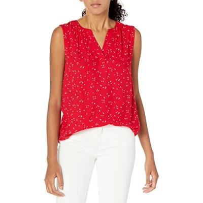 Immagine di Amazon Essentials Camicia in Tessuto Senza Maniche Donna, Rosso Foglie, XS