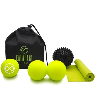 Immagine di KALAHARI Palline per Massaggio SET, 4 in 1, più Ebook esercizi italiano Palla Doppia, Riccio, Lacrosse, Banda Elastica e comoda Borsa Trigger Point Automassaggio Miofasciale Muscolare