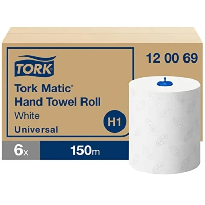 Immagine di Tork Matic Rotolo di asciugamani bianco H1, avanzato, goffrato per un&#039;asciugatura efficiente, 6 rotoli da 150 m, 120069