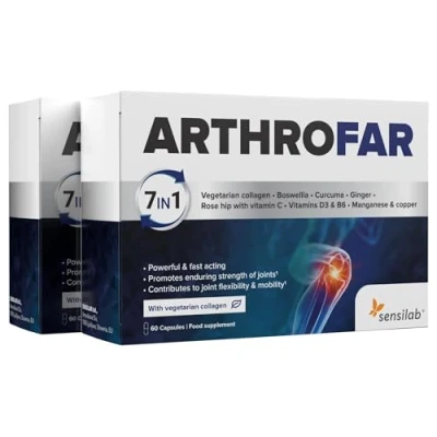 Immagine di Boswellia Serrata alta dosaggio Glucosamina Condroitina, Curcuma, Collagene, Vitamina C, Estratto di Zenzero, B6, D3, Integratore per le articolazioni, ArthroFar, 120 Capsule da Sensilab