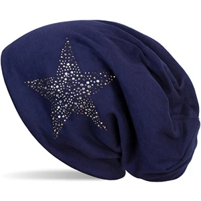 Immagine di styleBREAKER Cuffia Beanie con Strass, Borchie, Stelle e Pietre Decorative di Colore Argento Antracite, Slouch longbeanie, Unisex 04024087, Colore:Blu Scuro