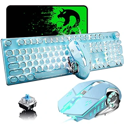 Immagine di LexonElec Tastiera da gioco meccanica con cavo USB, interruttore blu, stile retrò steampunk, retroilluminata a 104 tasti, anti ghosting + 2400 DPI 6 pulsanti, compatibile PC Office Play Games
