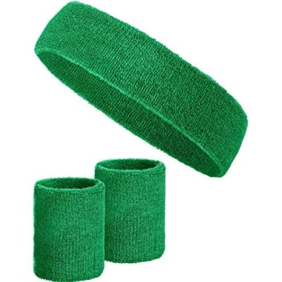 Immagine di Set di 3 pezzi con 2x fasce per i polsi + 1x fascia la testa donne e uomini (verde scuro)