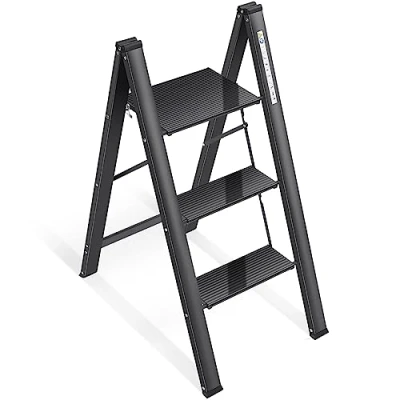 Immagine di KINGRACK scaletta a 3 gradini, scala pieghevole in alluminio, sgabello portatile sottile, di sicurezza per uso domestico con multifunzione (Nero, Passi)