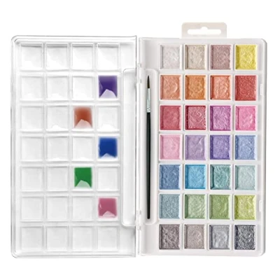 Immagine di Artecho Set di Pittura ad acquerello semi umido, 28 colori metallici torta con pennello classico, idea per Principianti e Professionisti.