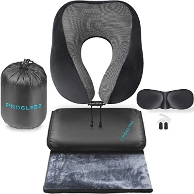 Immagine di Proglobe Set di Viaggio Lusso con Coperta da Cuscino Ergonomico per il Collo Aereo in 100% Schiuma Memory e Pile Super Morbido Maschera Sonno 3D Premium, Nero