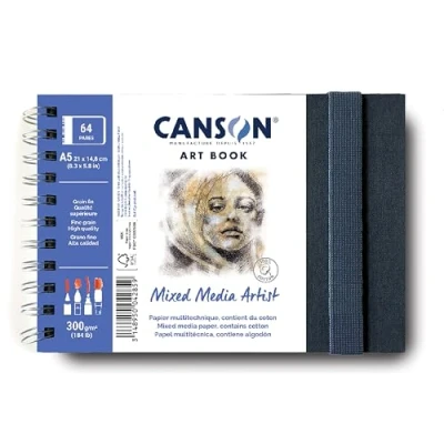Immagine di Canson Montval Book carta acquerello, A5, 24 fogli, grana fine, spiralato lato corto,copertina rigida, chiusura con elastico