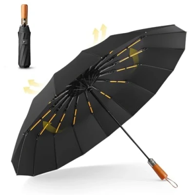 Immagine di MidingChai Ombrello Pieghevole Antivento, Grande, Ombrelli Pieghevoli Resistenti, Pioggia da 16 Stecche Rinforzate per Uomo Donna, Diametro 108cm, Nero