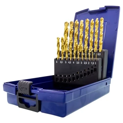 Immagine di TJR® Set di 19 punte elicoidali per trapano HSS TiN 1 10 mm 0,5 mm, autocentranti in metallo, DIN 338, tipo N 118, profili acciaio inossidabile, acciaio, alluminio con massima