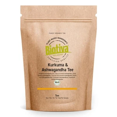 Immagine di Curcmua e Ashwagandha è bio 100g radice di curcuma (Curcuma longa) Ashwaganda (W. somnifera) essiccate alta qualità imbottigliate controllate in Germania Biotiva