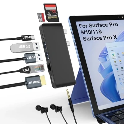 Immagine di Surface Pro 9 USB C Hub Adattatore con 4K HDMI,USB Thunderbolt 4 (Display+Dati+PD),2 3.0,Audio da 3,5 mm,Ethernet 100 Mbps,Lettore SD e TF,Display Triplo (Surface+HDMI+USB C) per 9/X