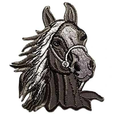 Immagine di Cavallo Stallone Animale Toppe Termoadesive Patch Toppa Ricamate, Misura: 7,3 x 9 cm, Farbvariante:grigio