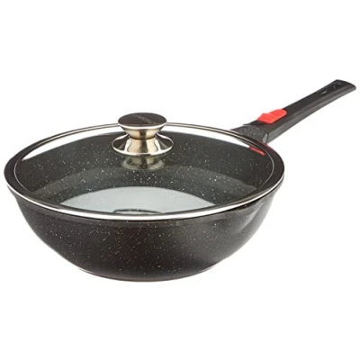 Immagine di KAMBERG Manico Removibile, Fusione di Alluminio, Rivestimento Effetto Pietra, Coperchio in Vetro, Compatibile con Tutti i Piani Cottura, Incluso Quello a Induzione, Senza PFOA, Nero