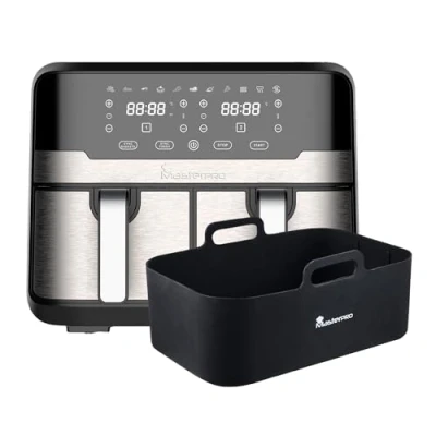 Immagine di MasterPRO Rocket Duo 900 Friggitore senza doppio olio colore nero Capacità di 9L e 2400W Schermo a LED touch cesto non stick + 12 cm vassoio del forno rettangolare silicone