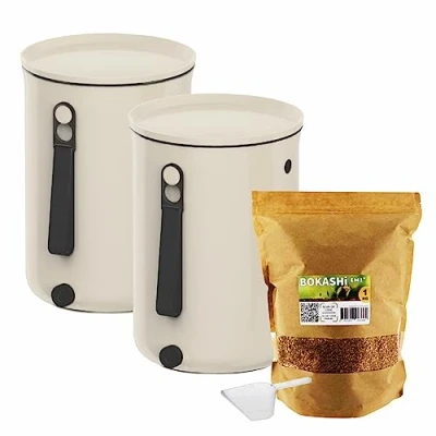 Immagine di Moutta Set di 2 secchi Bokashi Organko Bianco (9,6L) Compostiera organica con compattatore + 1 kg attivatore fermentazione EM