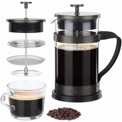Immagine di Navaris Caffettiera Francese French Press 1000 ml per caffè Macinato in Vetro Borosilicato Resistente al Calore Teiera Retro con Filtro Marrone