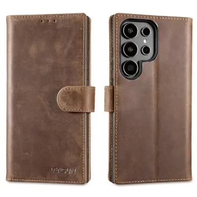 Immagine di Lensun Custodia per Samsung Galaxy S24 Ultra, Cover in Vera Pelle Libro con Portafoglio [RFID Blocking] Chiusura Magnetico Flip Custodie Cuoio Ultra Marrone Scuro Retrò