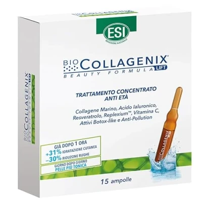 Immagine di ESI Biocollagenix Trattamento Concentrato Antietà a base di Collagene Marino e Acido Ialuronico, Dona una Pelle Tonica Ripristina l&#039;Elasticità del Viso, Dermatologicamente Testato, 15 Ampolle