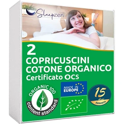 Immagine di Copricuscino 40x70 in Cotone organico certificato OCS®, Proteggi Cuscino Non Impermeabile, Set di 2, Fatto Europa, Traspirante e Assorbente, Fodera Cuscino, Chiusura a busta
