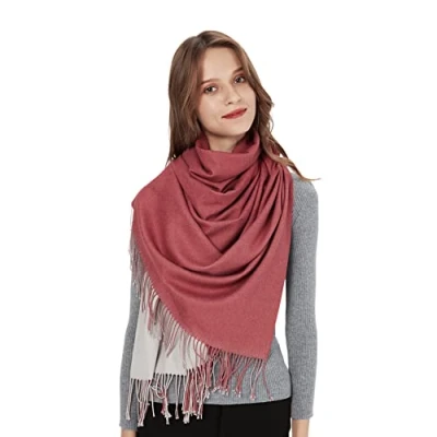 Immagine di MaaMgic Sciarpa Bicolore da Donna in Misto Cotone Morbido e Soffice Stola Coprispalla con Frange per Autunno Primavera 200 * 70cm, Rosso chiaro grigio