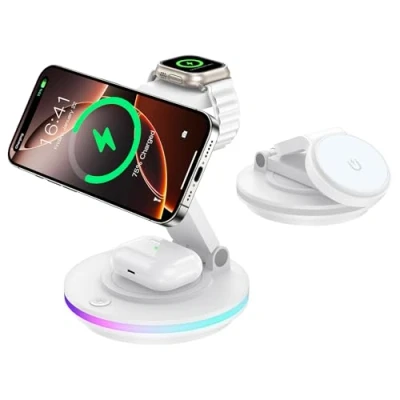 Immagine di Mag Safe, caricatore 3 in 1 per Apple Watch e iPhone, pieghevole, girevole con regolazione della luce, wireless supporto di ricarica Safe iPhone 16/15/14, (non adattato)