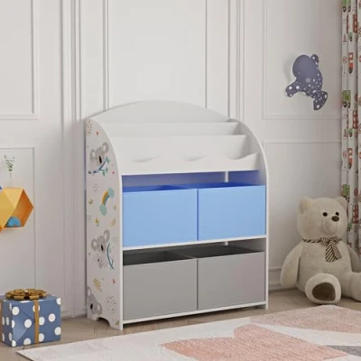Immagine di [en.casa] Scaffale per Cameretta con Contenitori a Scaletta Libreria 4 Scatole Pieghevoli Porta Giochi Mobile Misura di Bimbi 97,5 x 82,5 29,5 cm Motivo Koala Grigio/Blu