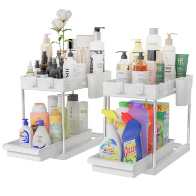 Immagine di BAKAJI Set 2 Organizer Sottolavello per Bagno e Cucina con Cassetto Scorrevole, Scaffale Cestello Scorrimento Salvaspazio Ripiani, Scaffalatura Sotto Lavello Portaoggetti Ripiano Estraibile (Bianco)