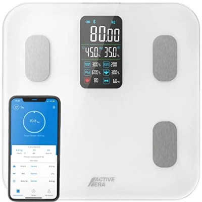 Immagine di Active Era Bilancia Pesapersone digitale con Ampio Display LED Bluetooth 16 Misurazioni, Indice di Massa Corporea (BMI), App Bianca