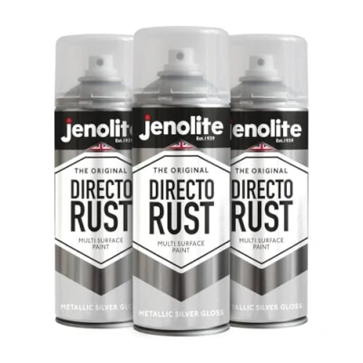 Immagine di JENOLITE Directorust Vernice spray lucida metallizzata ARGENTO multisuperficie Primer, fondo e finitura all in one 3 x 400 ml