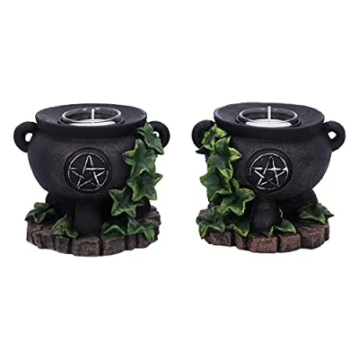 Immagine di Nemesis Now Set di due portacandele Ivy Calderone Streghe 11 cm, nero