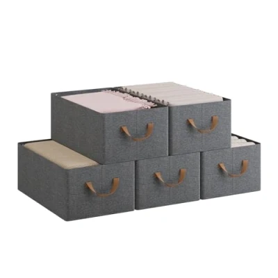 Immagine di WOLTU Set di 5 Scatole Portaoggetti Pieghevoli, Pieghevoli in Tessuto con Manici, per Vestiti e Giocattoli, Grigio, 47x28x20 cm, ABB09gbn