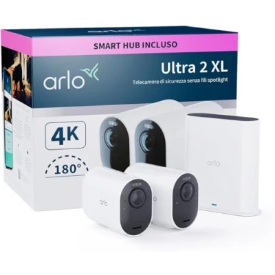 Immagine di Arlo Ultra 2 XL Telecamera WiFi Esterno Senza Fili, Interno, 4K, Sirena Allarme Casa, Sensore Di Movimento, Audio Bidirezionale, Prova Secure Inclusa, Telecamere, Bianche