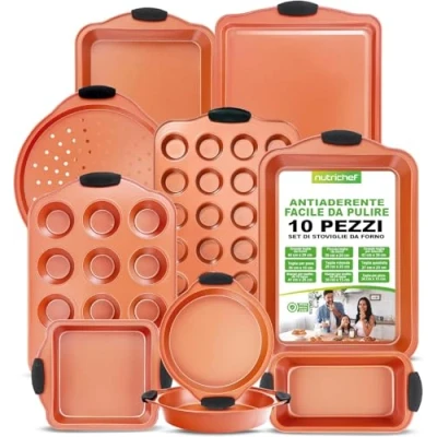 Immagine di NutriChef Set di 10 Pezzi Teglie da Forno Antiaderenti in Acciaio Carbonio, Include Lame per Biscotti, Stampo Muffin e Torte, Croccante Pizza, con Manici Silicone, Rame