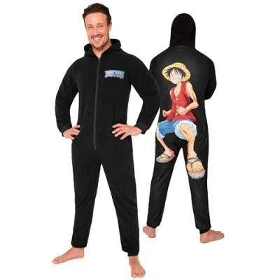 Immagine di One Piece Pigiama Intero Uomo Caldo Pigiamone in Pile con Cappuccio S 3XL Pigiami Invernali Interi Anime Gadget Regalo (Nero, M)