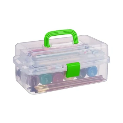 Immagine di Relaxdays Scatola Trasparente Plastica, 9 Scomparti per Oggetti, Maniglia e Chiusura A Scatto, 14x33x19,5 cm, Verde
