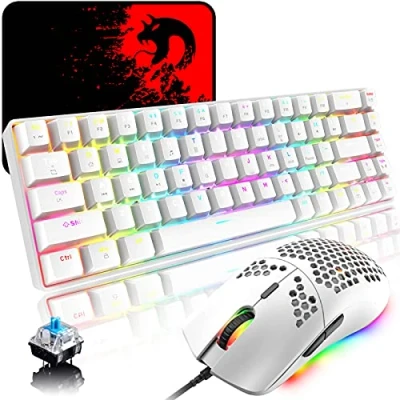 Immagine di Tastiera e Mouse RGB Gaming Cablate, 68 Tasti Switch Blu 60% Mini Meccanica Chroma, Topo Ottico Leggero Favo da 6400 DPI, Cavo USB a Tipo C, Compatibile con Windows Mac PS4 XBox, Bianca