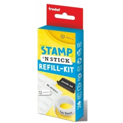 Immagine di Trodat Kit di ricarica Stamp &#039;N Stick, continua l&#039;uso del timbro e personalizza uniformi oggetti Caratteristiche termoadesivo in pile, 40 adesivi tampone inchiostro nero tessuto,
