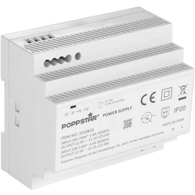 Immagine di Poppstar alimentatore switching 220 12V per barra DIN 135W (ingresso 100 240 V AC 50/60 Hz, uscita 12 DC 11,3 A 135 W) rail