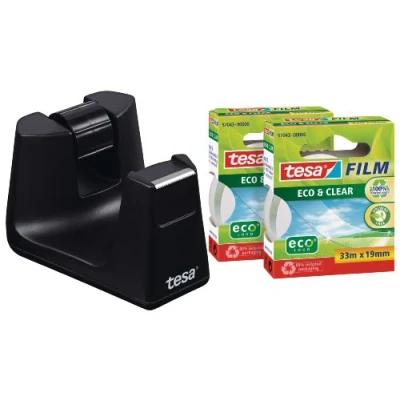 Immagine di Tesafilm Easy Cut Smart Dispenser per Nastro Adesivo, Compatto da Scrivania con Stop Pad, Incluso di Rotolo Adesivo Eco &amp; Clear 2x 33 m x 19 mm, Colore: Nero