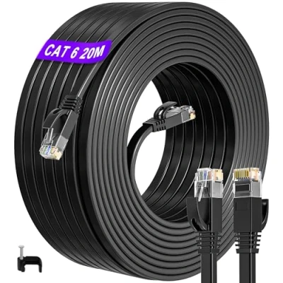 Immagine di Cavo Ethernet 20 Metri, Cat 6 di Rete 20m Alta Velocità LAN Esterno Interno, Cat6 Internet 1000Mbps 250MHz Piatto RJ45 Gigabit 25m Patch per PS5/4 Modem Router (20 Clips)