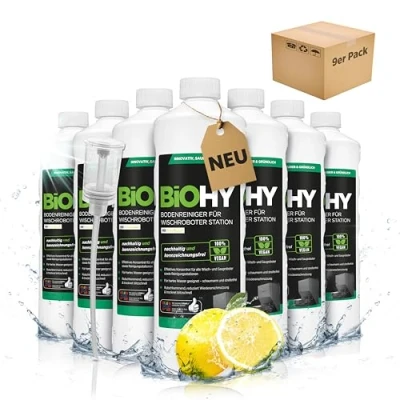 Immagine di BiOHY detergente per pavimenti robot, stazione con profumo fresco (9 x 1 litro) + dosatore, concentrato tutti i robot pulitore e aspirapolvere funzione bagnata, braccio di