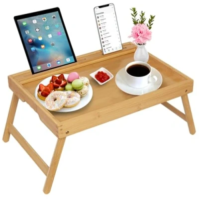 Immagine di vassoio da letto con manici, gambe pieghevoli, colazione in bambù supporto per tablet, tavolo colazione, scrivania computer portatile, cucina