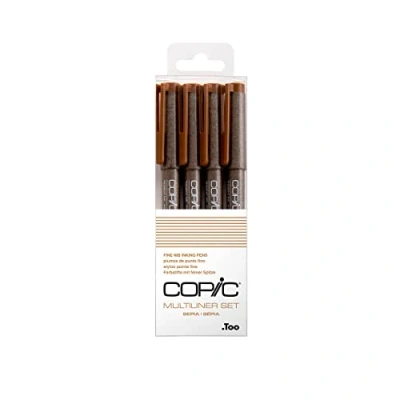 Immagine di Copic Set multiliner Sepia 4 penne in diversi spessori di tratto, matite da disegno con inchiostro pigmentato resistente all&#039;acqua e agli alcol, per schizzi, illustrazioni ed outlines