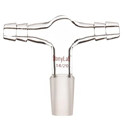 Immagine di stonylab Adattatore di Ingresso per Doppio Tubo in Vetro, Vuoto/Gas Inerte a Forma T Vetro Borosilicato con Doppi Collegamenti Tubi da 3/8 Pollice e Giunto Interno 14/20