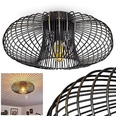 Immagine di lampada da soffitto Wemude, rotonda in metallo nero/oro, 1 luce, attacco E27, luce retrò con effetto reticolo sul soffitto, senza lampadina/e
